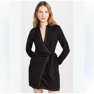 Veronica Beard Lavella V-Neck Long Sleeve Collared Mini Wrap Dress in Black